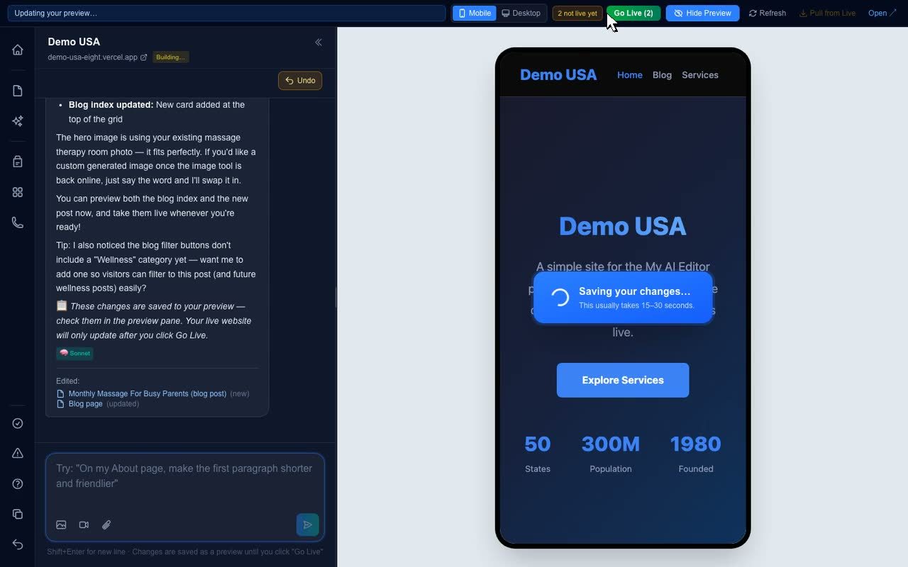 Posts land in the site preview first. Add photos, read it, then Go Live once.