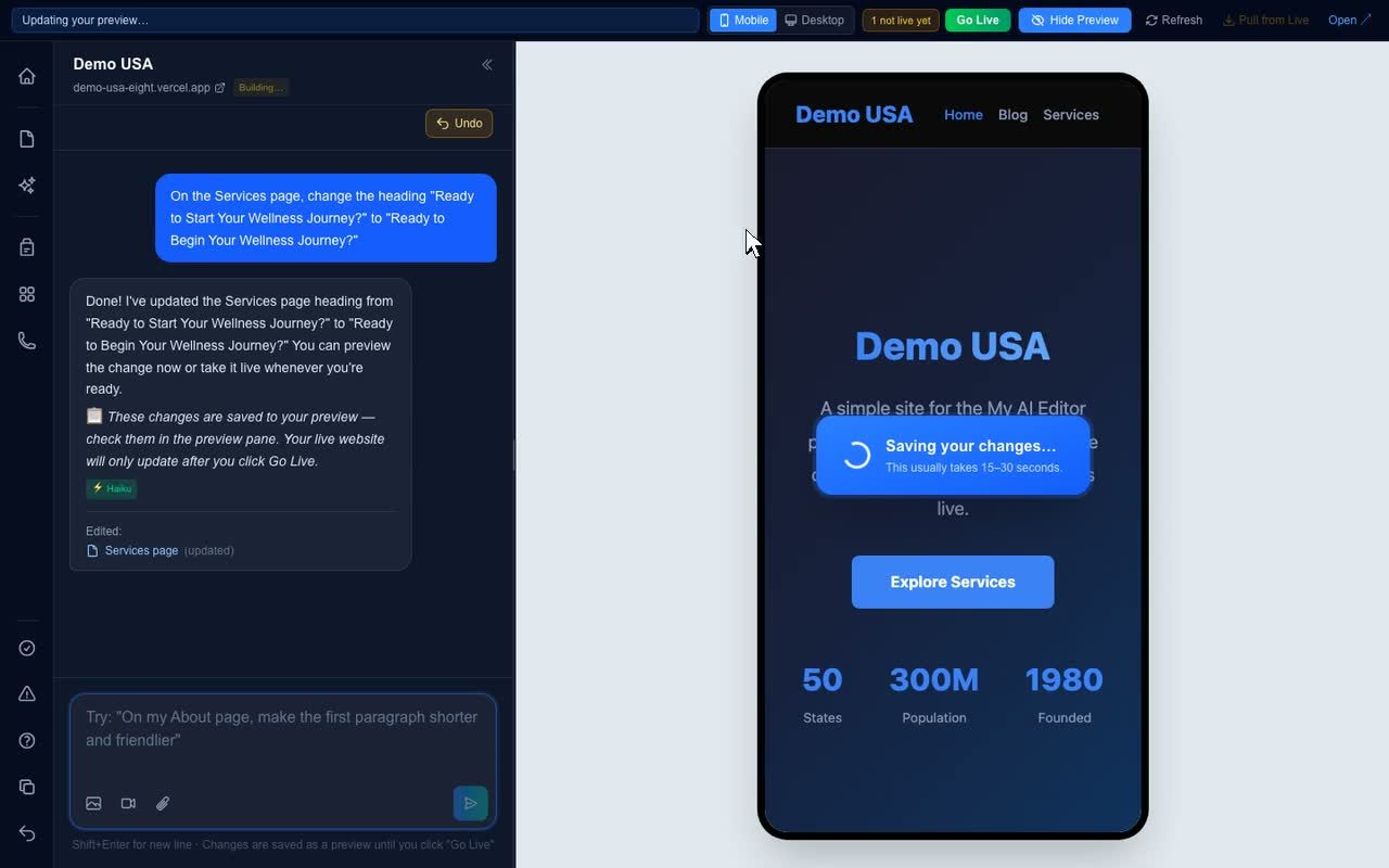 The My AI Editor chat panel replying to a request, with the preview on the right