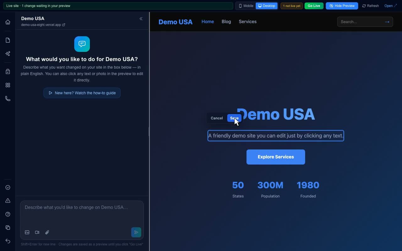 A Home page intro paragraph being retyped in place with Cancel and Save above it