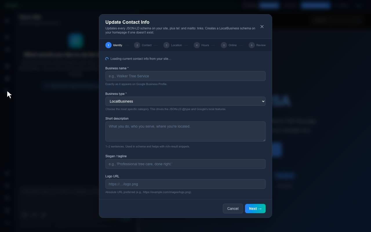 The Update Contact Info form with identity, contact, location, and hours