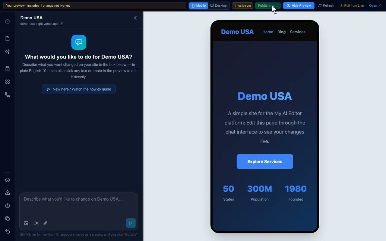 The editor top bar with Go Live pressed and the preview showing the mobile view