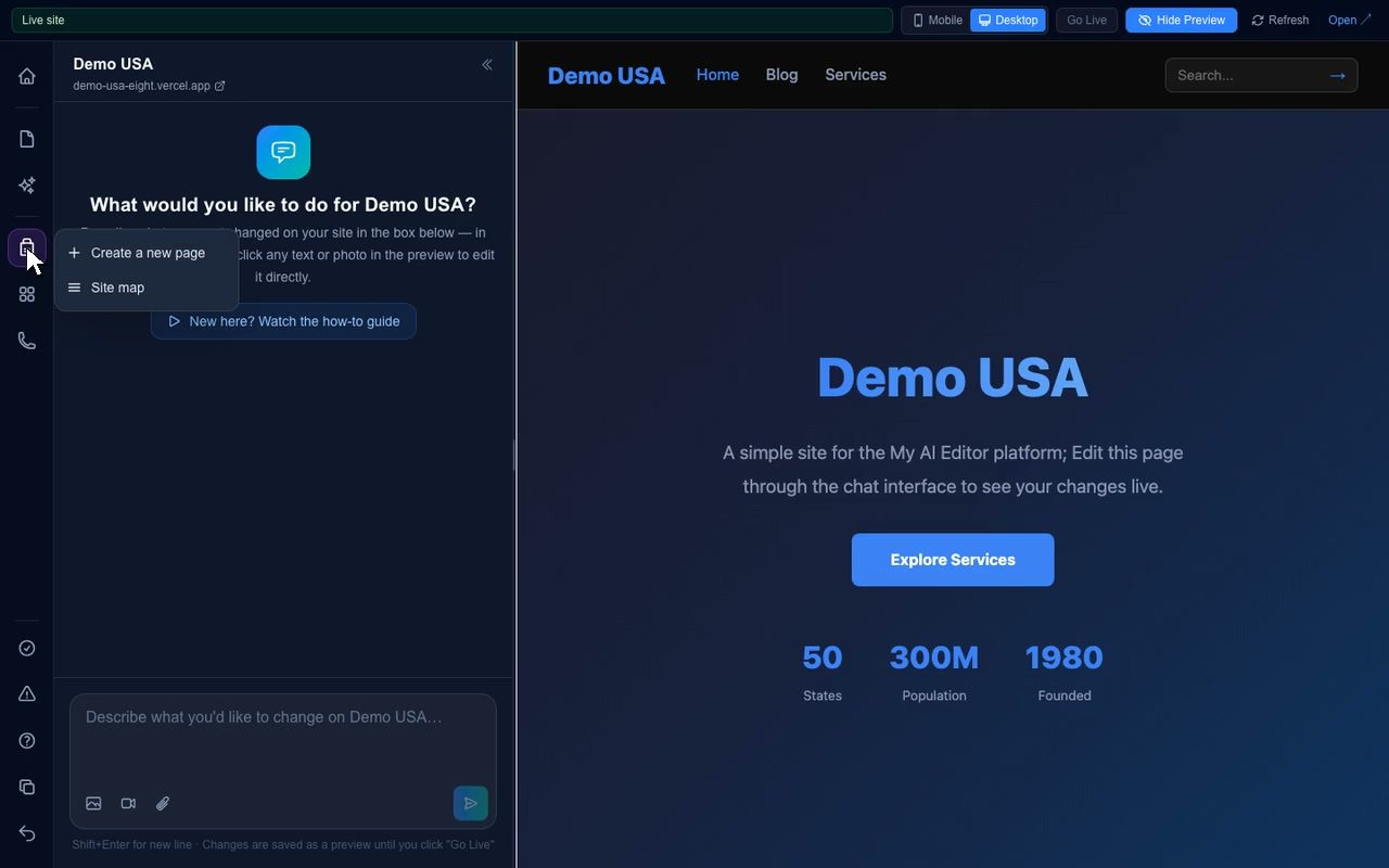The Pages menu open with Create a new page and Site map