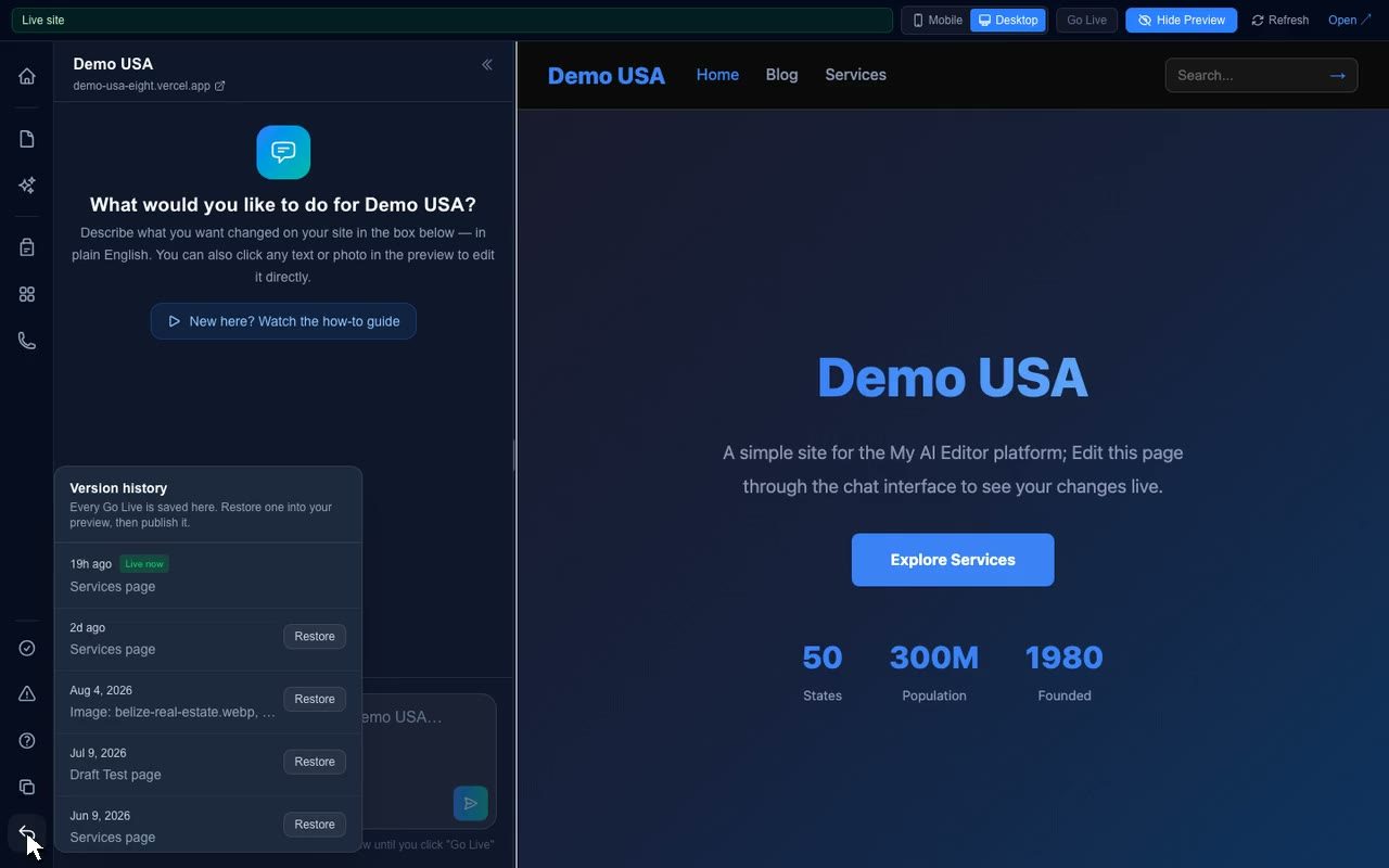 The Version history panel listing publishes with Restore buttons